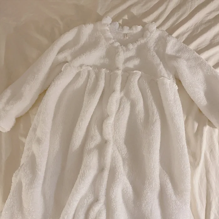 Winter Flannel Nightgowns Fleece Long Sleeve Warm Nightdress Autumn Thermal Thicken Korean Sleepshirt Pajamas Home Dressing Gown