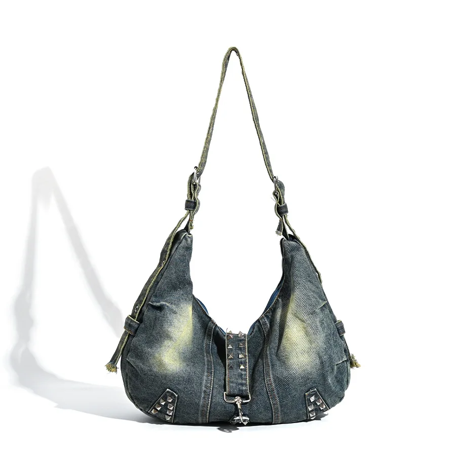 Vintage Denim Shoulder Bag Women's Large Capacity Messenger Bag Multi-pockets Satchel Bags Adjustable Strap Ladies Crossbody Bag