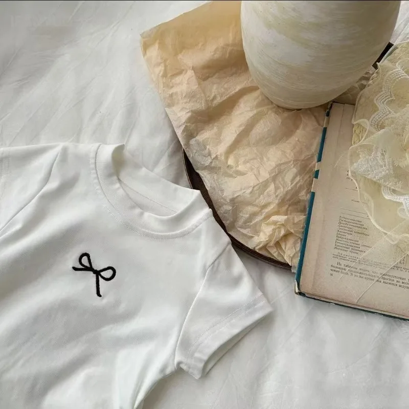 2-12Y Girls' Short Sleeved T-shirt Pure Cotton 2025 Summer New Kids Shirts Korean Children's Baby Embroidery Bow Slim Fit Tops 3