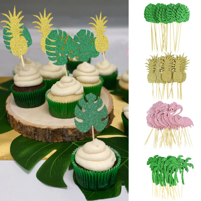 10Pcs Flamingo Pineapple Aloha Cake Toppers Summer Birthday Party Decorating Cupcake Topper for Hawaiian Tropical Wedding Party