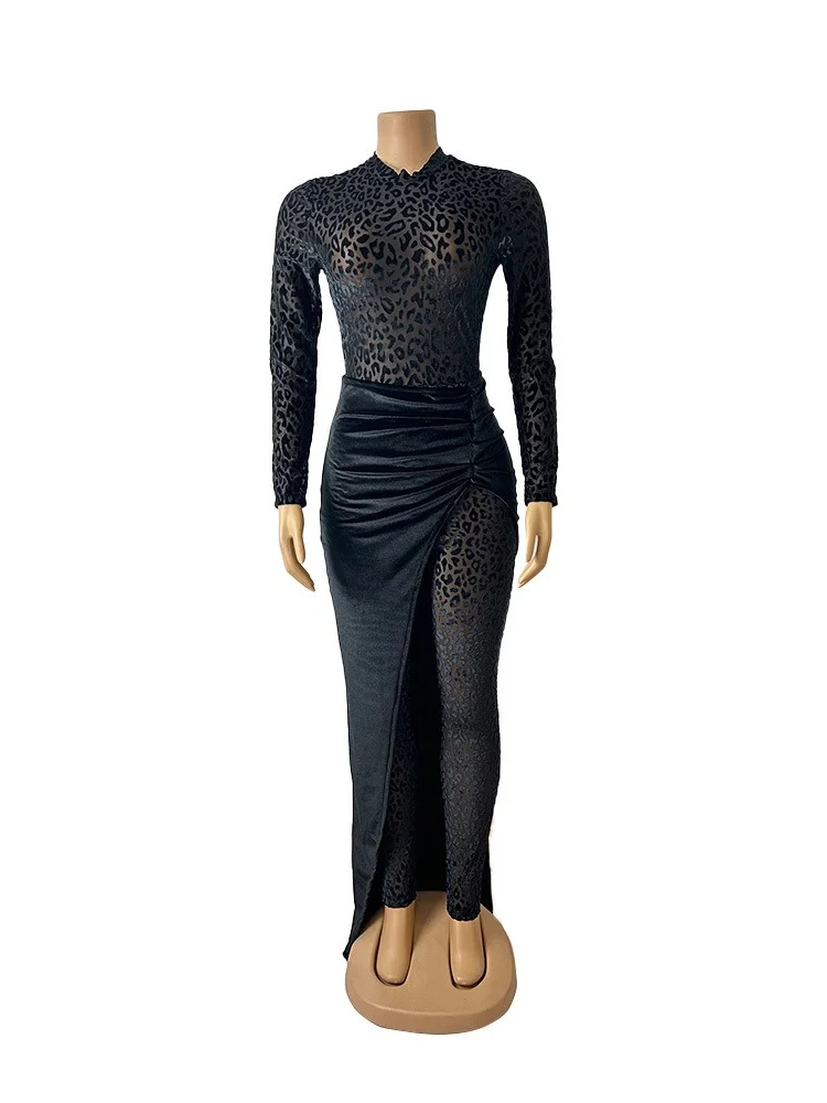 Wmstar Two Piece Jumpsuit for Women Wholesale Long Sleeve Bodycon Party  Leopard Print Velvet Sexy See Through Romper and Skirts