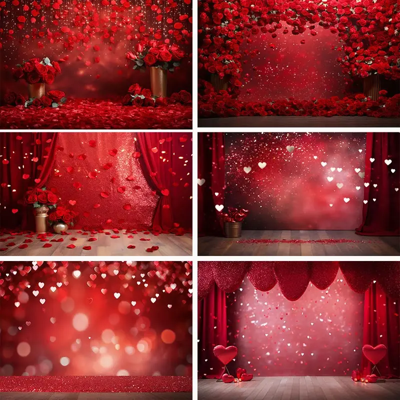 

Happy Valentine's Day Party Backdrops Adult Wedding Photography Cake Smash Rose Curtain Red Background Photo Shoot Studio