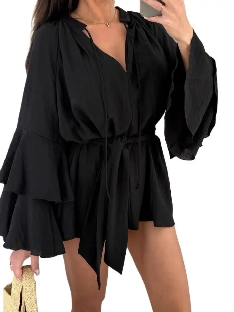 Women Summer V Neck Ruffle Dress Long Flare Sleeve Solid Blouse