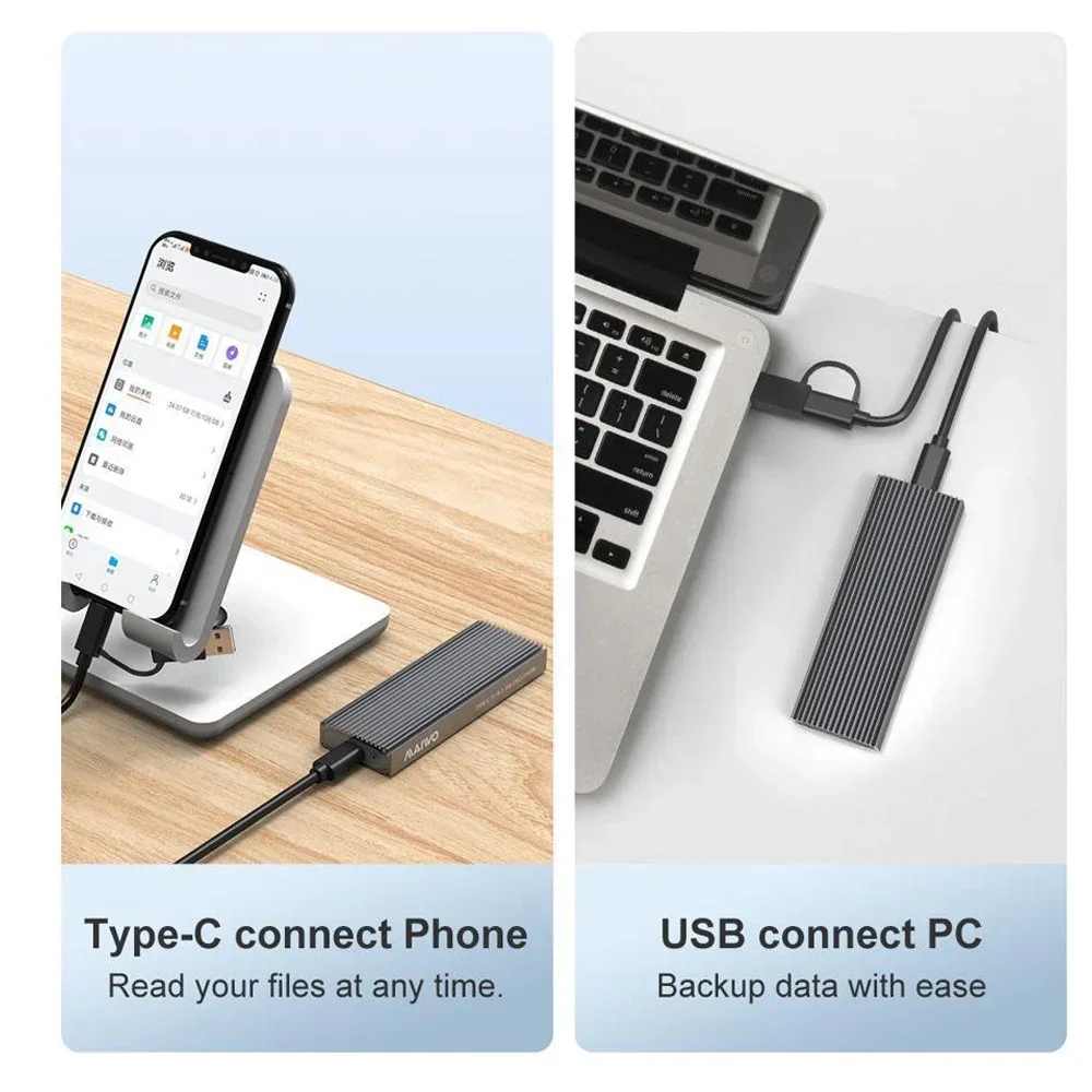 MAIWO 10Gbps M.2 NVMe SATA SSD Case Enclosure PCIe Type C M2 SSD box with Aluminum Tool-Free Design USB 3.2 Gen 2 Drive Case