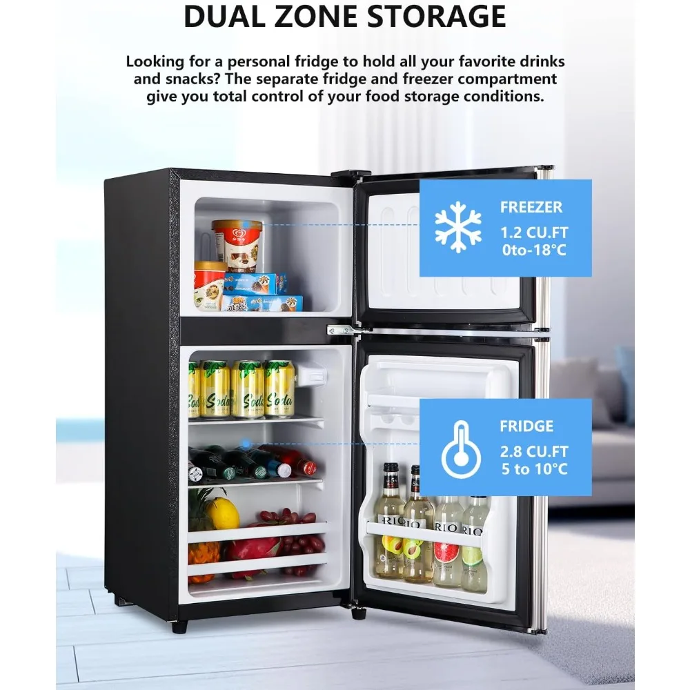 4.0Cu.Ft Compact, Small Refrigerator with Freezer, Retro Fridge with Dual Door, 7 Level Adjustable Thermostat for Garage, Dorm