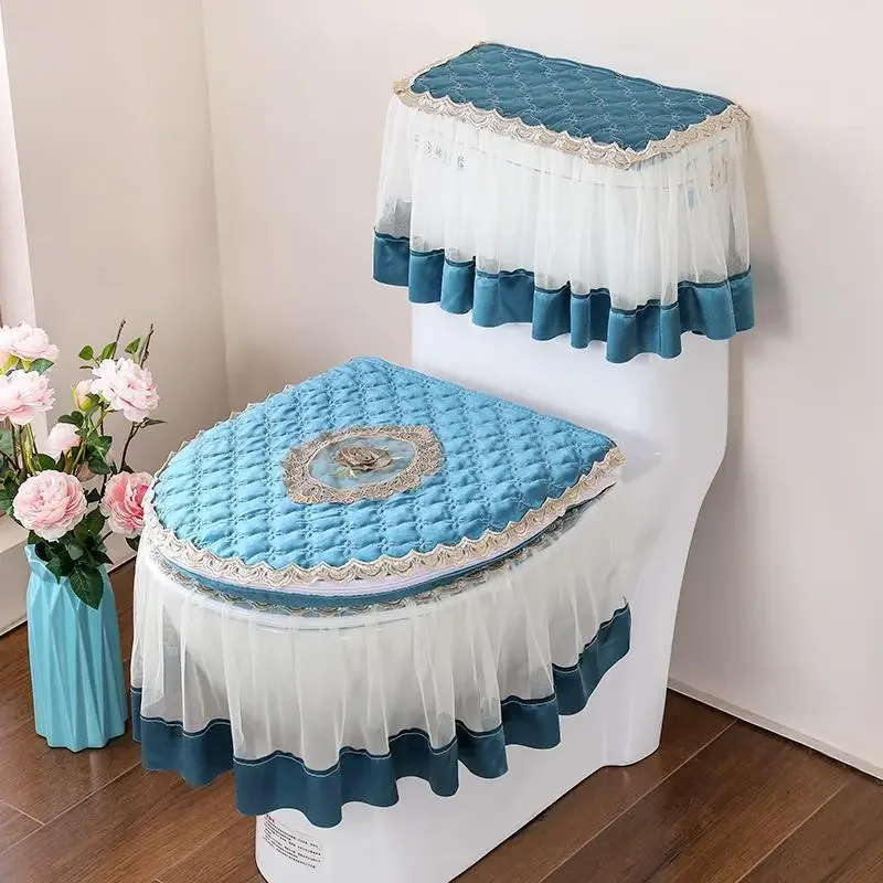 3 Pcs Set European Style Toilet Mat toilet seat cover toilet mat toilet mat set Four Seasons Universal Dust-proof Toilet Cover Zippered Lace Hem Ring Covers