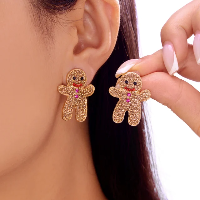 Fashion Christmas Rhinestone Gingerbread Man Earrings for Women Exquisite Imitation Pearl Christmas Tree Bells Party Jewelry