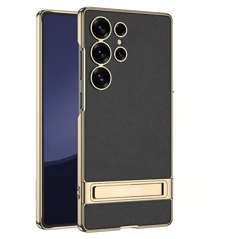 Electroplated Gold & Silver Brocade Leather Phone Case with Hard Shell Protective Holder