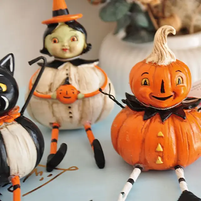 Halloween Dekoráció Macska Sütőtök Szellem Szórakoztató Jelenet Retro Kézzel Készített Festett Fekete Ajándék Szobor Kreatív Gyanta - Image 3