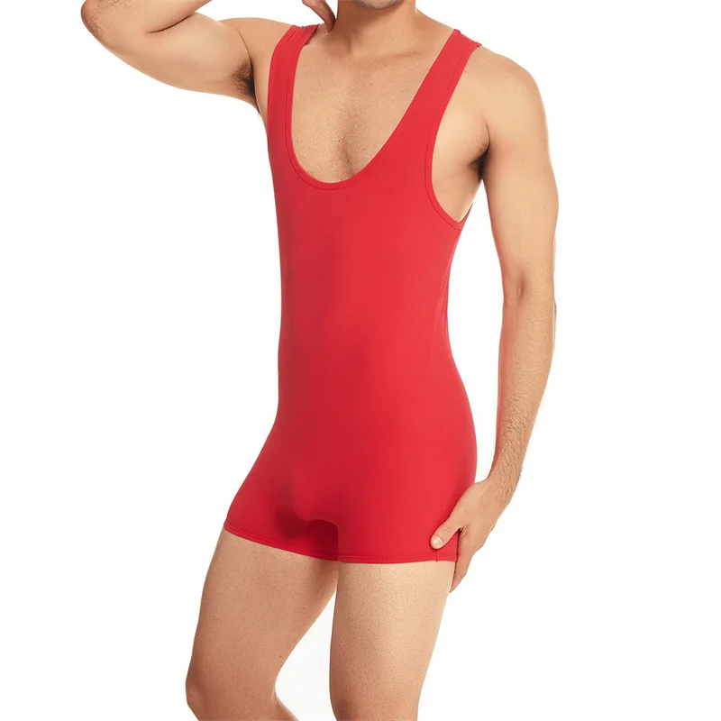 Description Picture 5 of itemMen Undershirts Bodysuit Tight-fitting High-elastic Sports Wrestling Jumpsuits Gymnastics Nylon Deep Round Neck Undershirts