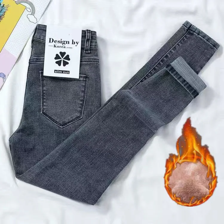 Winter Thick Velvet Women jeans High Waist Skinny Jeans Simple Fleece Warm Slim fit Stretch Lady Denim Pencil Pants 