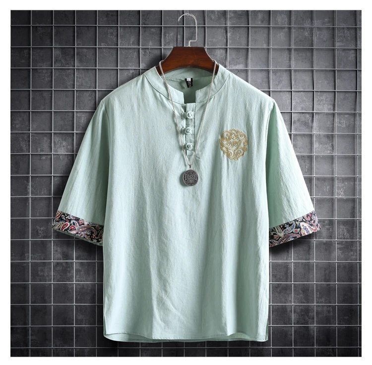 Summer Chinese Style Hanfu Men Short Sleeve Cotton T-shirt Kung Fu Tai Chi Tee Zen Tea Art Qipao Blouse