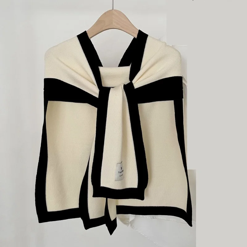 

Poncho Cloak Spring and Autumn New Knitted Small Shawl Women's Korean Edition Warm Wrap with Small Sweetheart Knot Scarf White