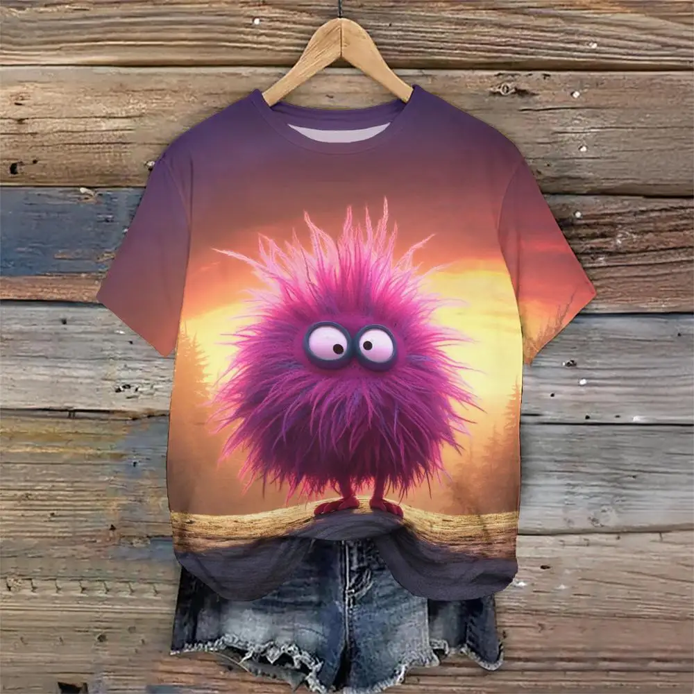 

Women's T-Shirts Top Short Pullover Sleeved Big Eyed Monster Print Fashion Casual Style O-Neck Tee Shirt Female Daily Clothing