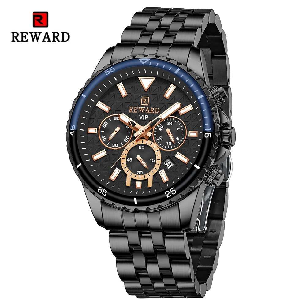 REWARD Mens Watches Luxury Wristwatch Chronograph Luminous Stainless Wrist Watch for Man