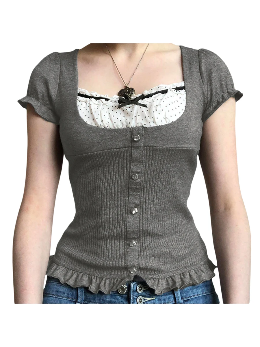 

Vintage-inspired Women s Y2K Knitted Top with Ruffled Square Neckline and Short Sleeves - Perfect for Summer Fairy Look