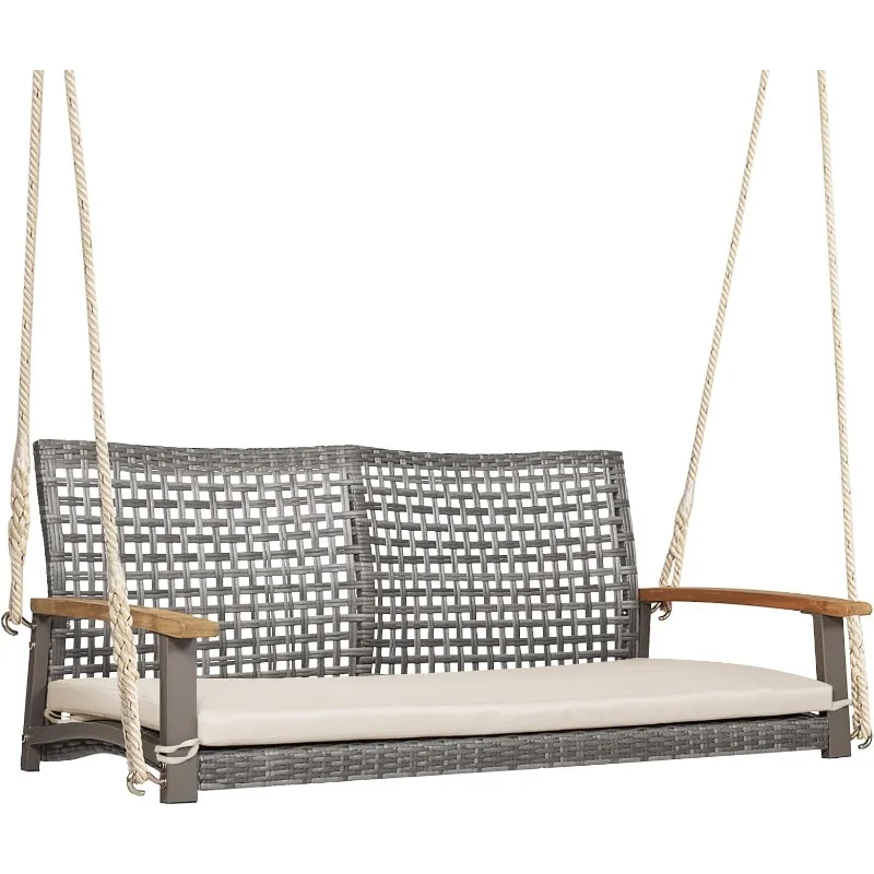 2-Seater Outdoor Porch Swing - Patio PE Rattan Hanging Swing Bench with Seat Cushion and Strong Hanging Ropes, Wicker Swing