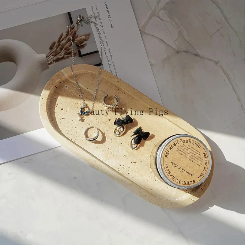 Travertine Stone Tray for Soap Dispenser Jewelry Perfume Natural Marble Decorative Tray for Bathroom Countertop Vanity Dresser 2