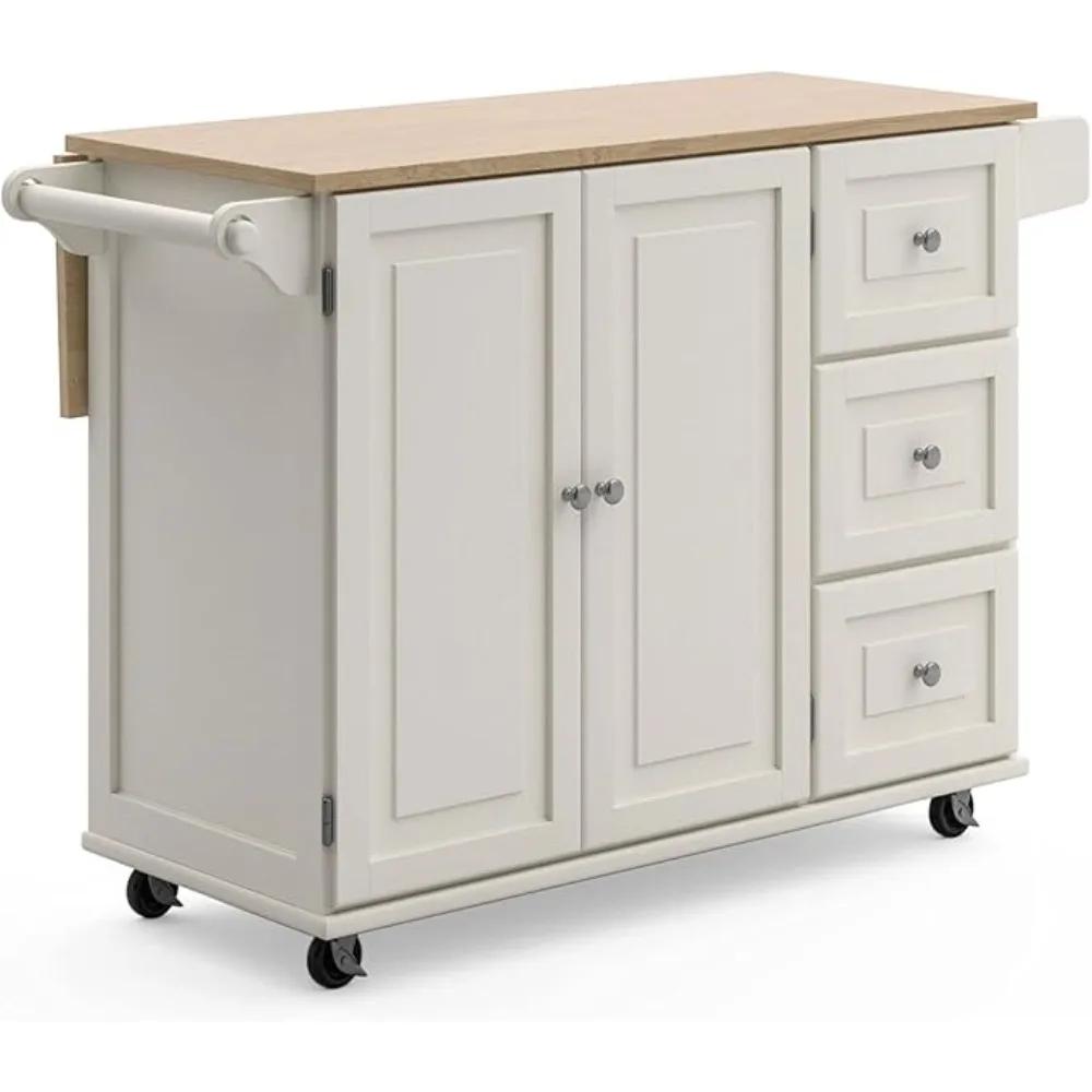 Mobile Kitchen Island Cart with Wood Drop Leaf Breakfast Bar, Off White,Soft White, 54 Inch Width, Kitchen Island Cart