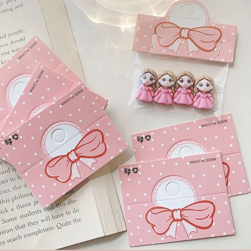 50pcs/lot Foldable Packaging Paper Cards 6.4x4cm Pink Bow Cards for Handmade Jewelry Retail Hang Tag Flowers Display Cardboard