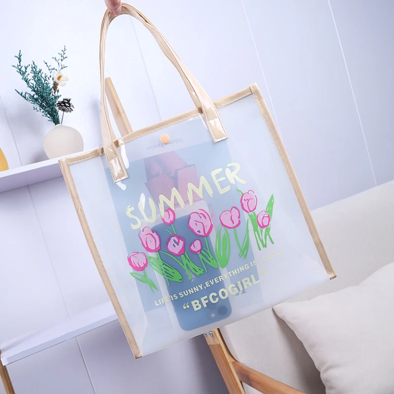 Clear Tote Bag Handbag Water-Resistant PVC Summer Bag Ladies Transparent Shopping Bags Swimming Bag Daily Bag with Button