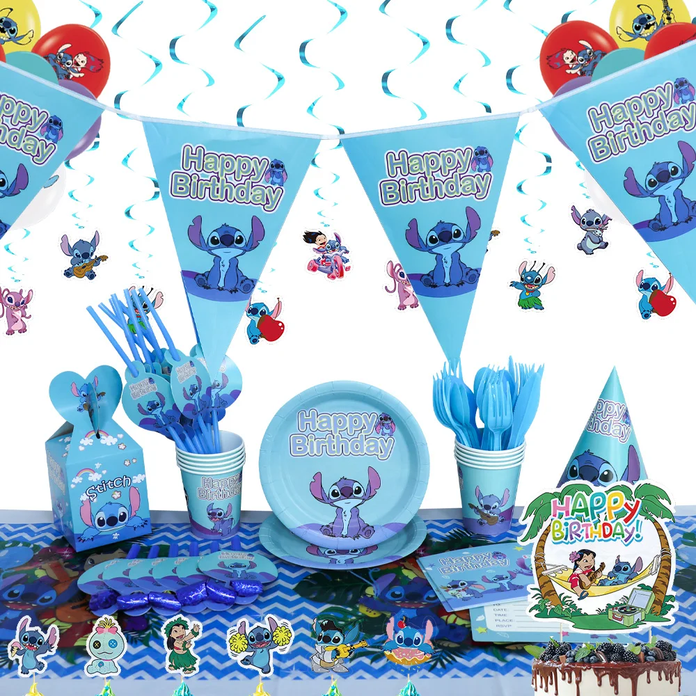 Suministros de fiesta de cumpleaños de Lilo Stitch, plato de papel  desechable, pancarta, fondo de gl Casa de los Tesoros