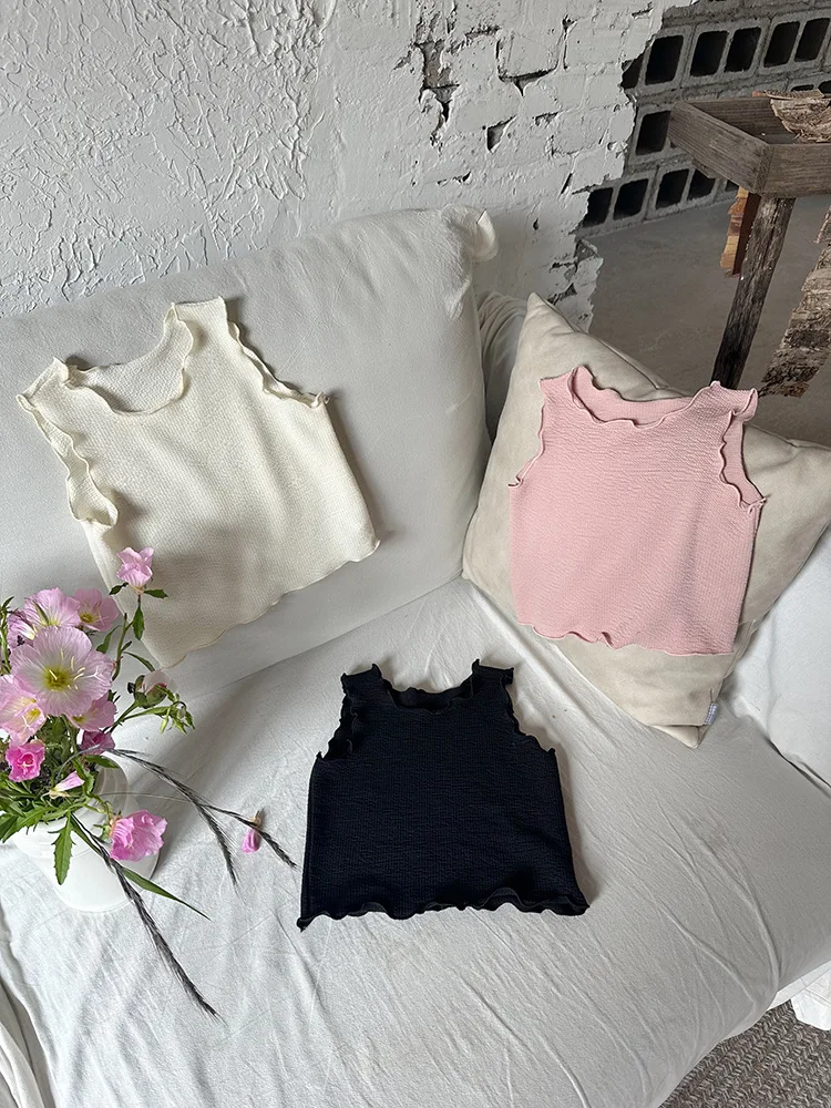 여아 셔츠 상의 가장자리 조끼, 한국 스타일, 어린이 니트 스트레치 슬림 탑,  소녀 단색 조끼 탑 의류, 2024 여름 신상