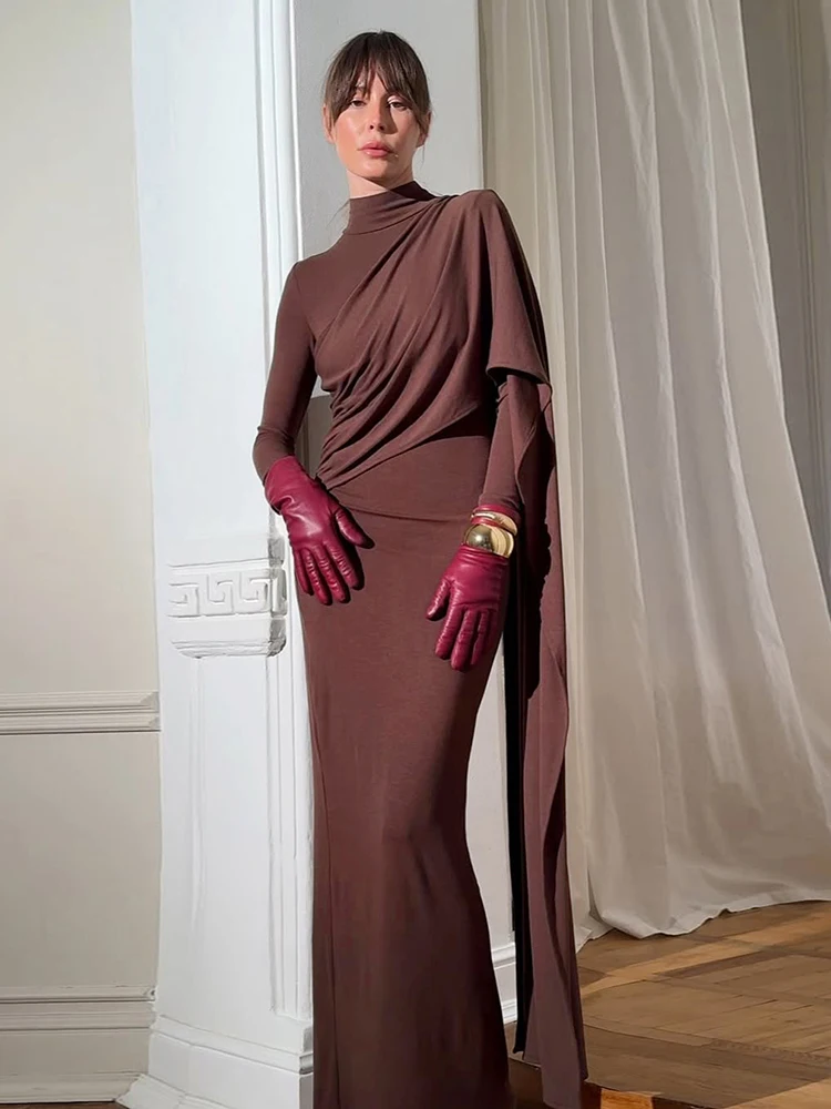 Nibber Turtleneck Maxi Dress Women Long Tassel Folds Full Sleeve Solid Skinny Banquet Elegant Stretch Fashion Vacation Vestidos