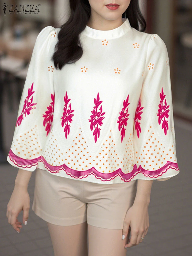 Women Summer Elegant Print Blouse Puff Sleeve Casual Tops