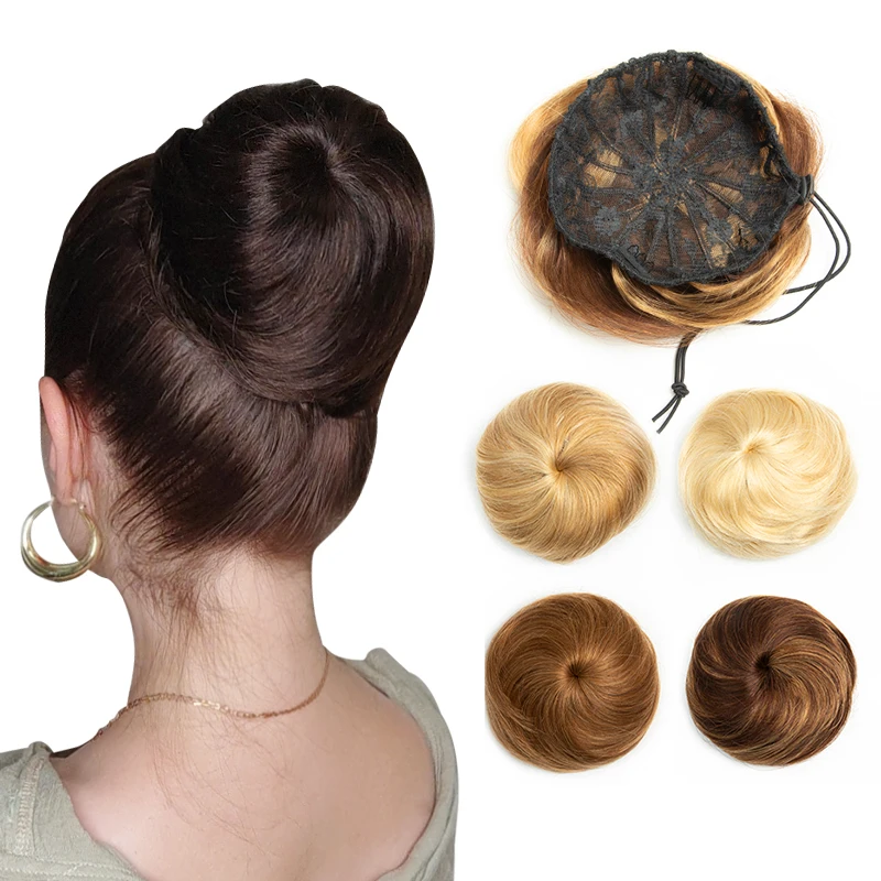 Human Hair Buns Claw On Drawstring Ponytail Flexible Hair Pieces Updo Donut Chignon Clip On Buns for Wedding and Show