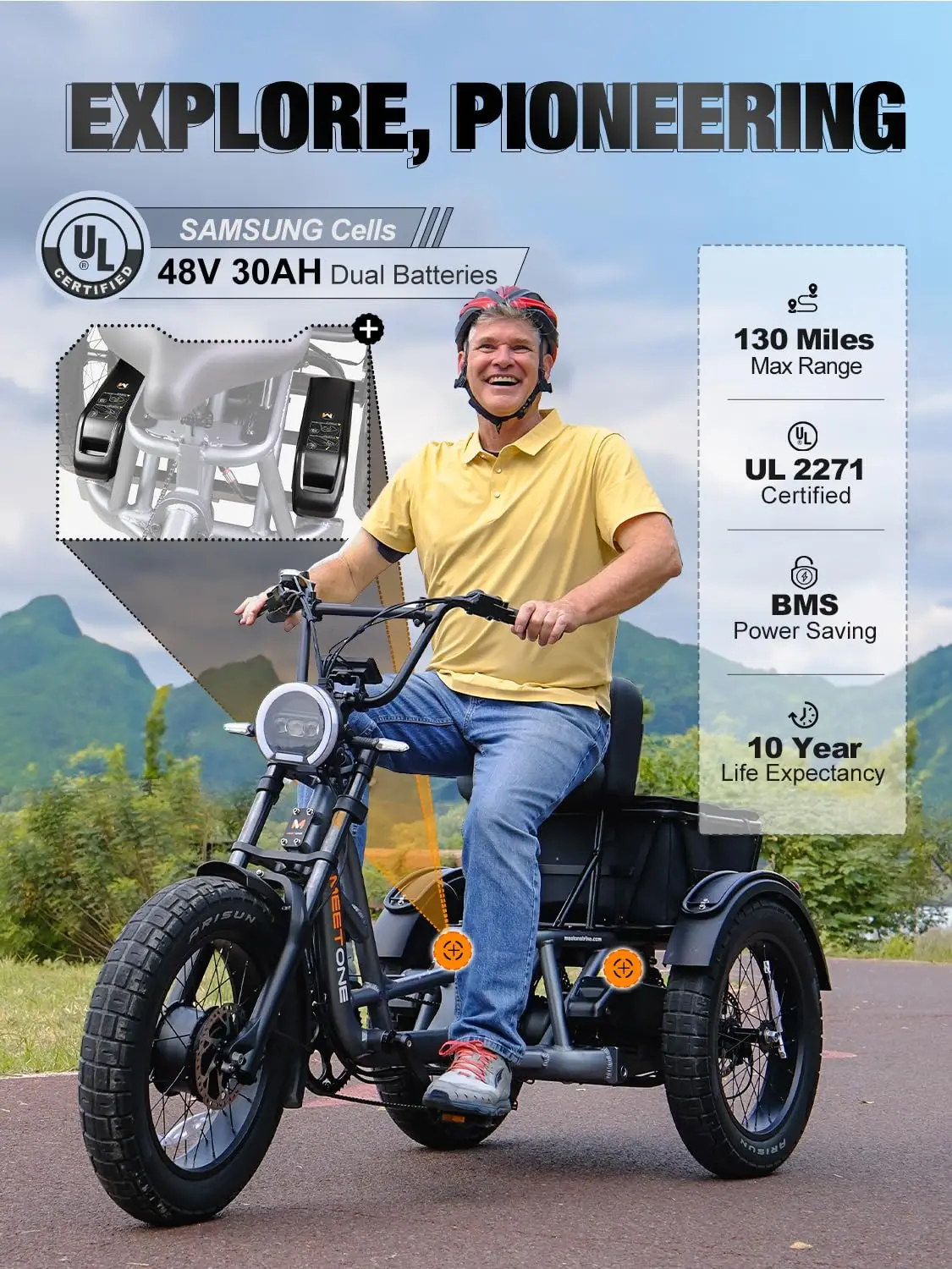 Meetone 1500W48V30AH Adult electric tricycles Electric Tricycle 3 Wheels Electric Vehicle High Endurance Strong Power E-trike