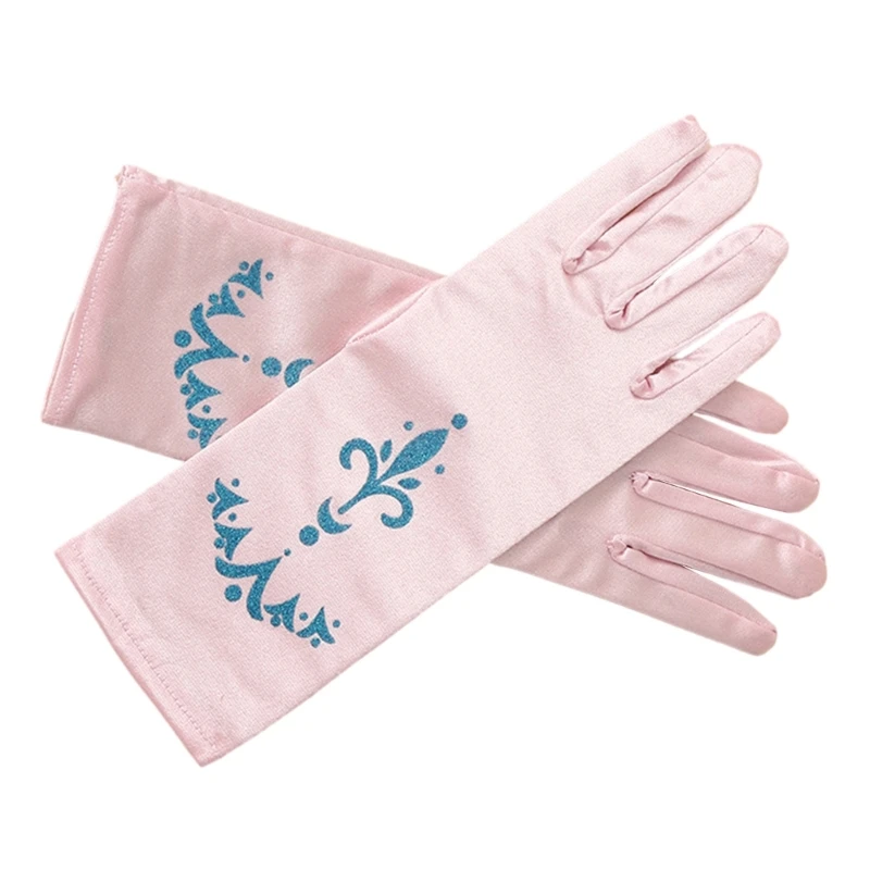 Girls Ice Princess Long Silky Gloves Sequins Print Snow Queen Dress Up Gloves