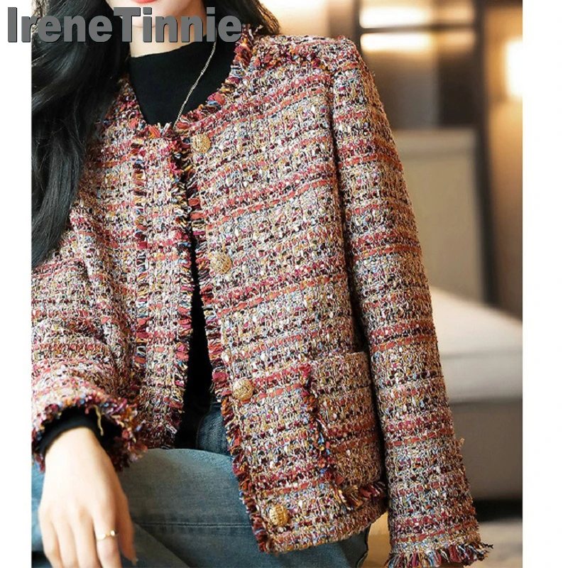 

IRENE TINNIE Delicate Fringe Small Incense Coat Women Autumn Coats High Quality Casual Loose Plaid Tweed Jacket Button Trim Top