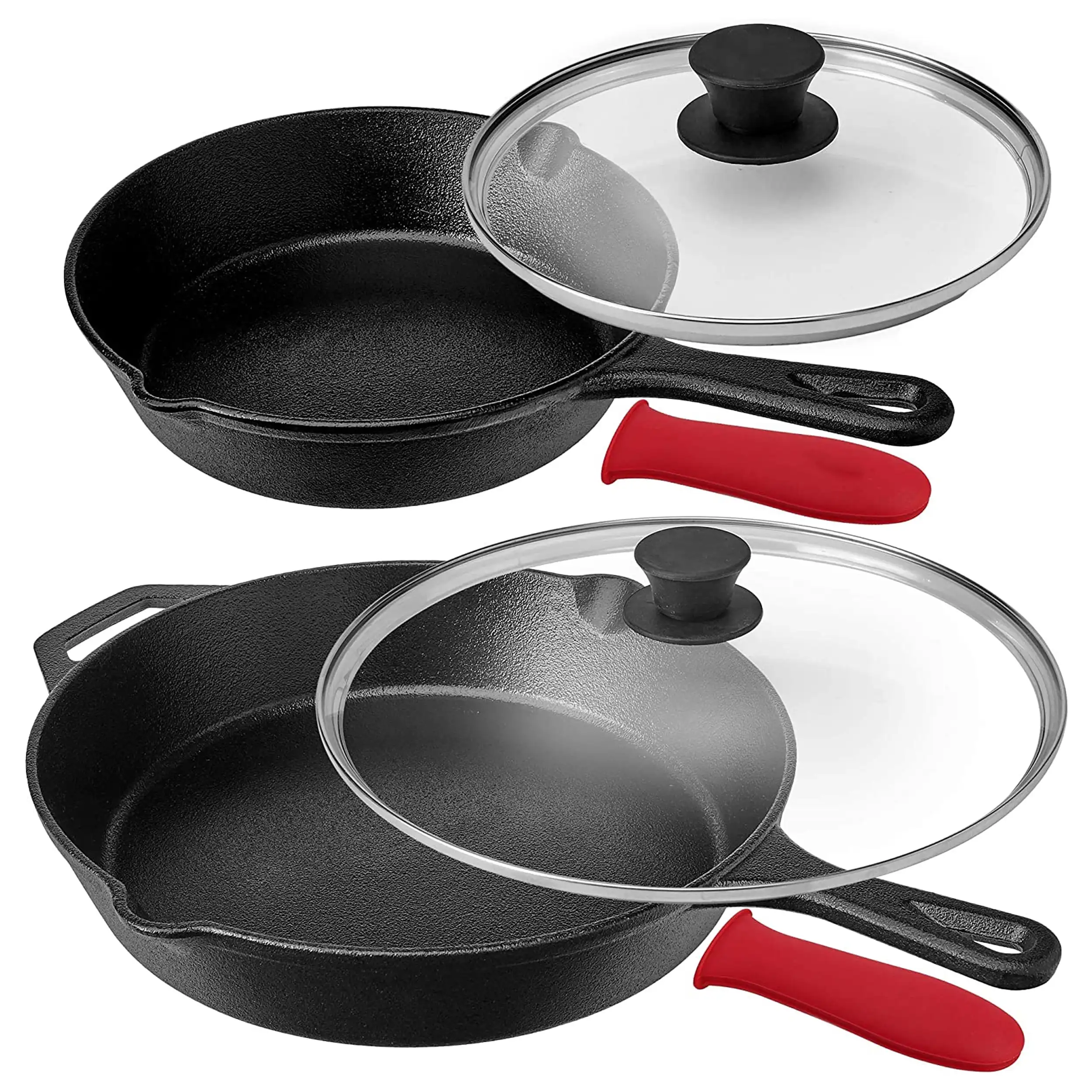 

Pre-Seasoned 6 Piece Cast Iron Skillet Set with Lids and Red Silicone Holders
