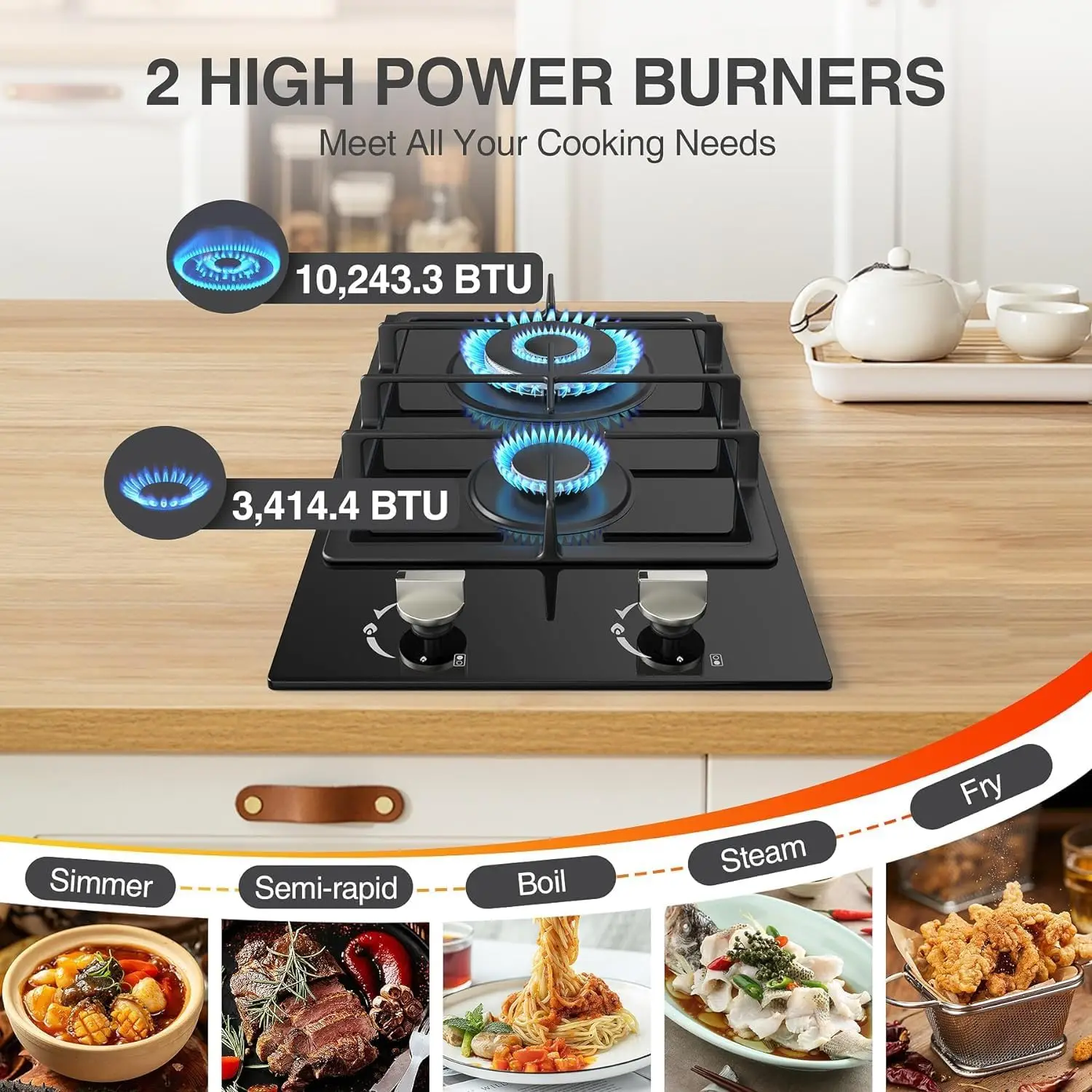 Cooktop 2 Burner, NG/LPG Dual Fuel Gas Stove Top, Built-in Gas Cooker with Thermocouple Protection,Tempered Glass Propane Co