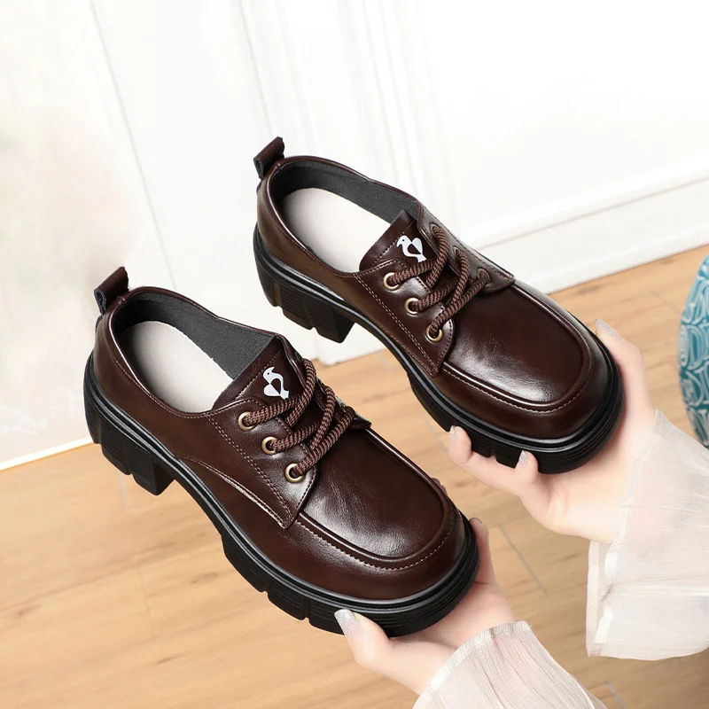 Thick-Soled Loafers For Women In Spring And Autumn New Lace-Up Thick Heel Deep Mouth Women's Singles College Style Leather Shoes - Image 3