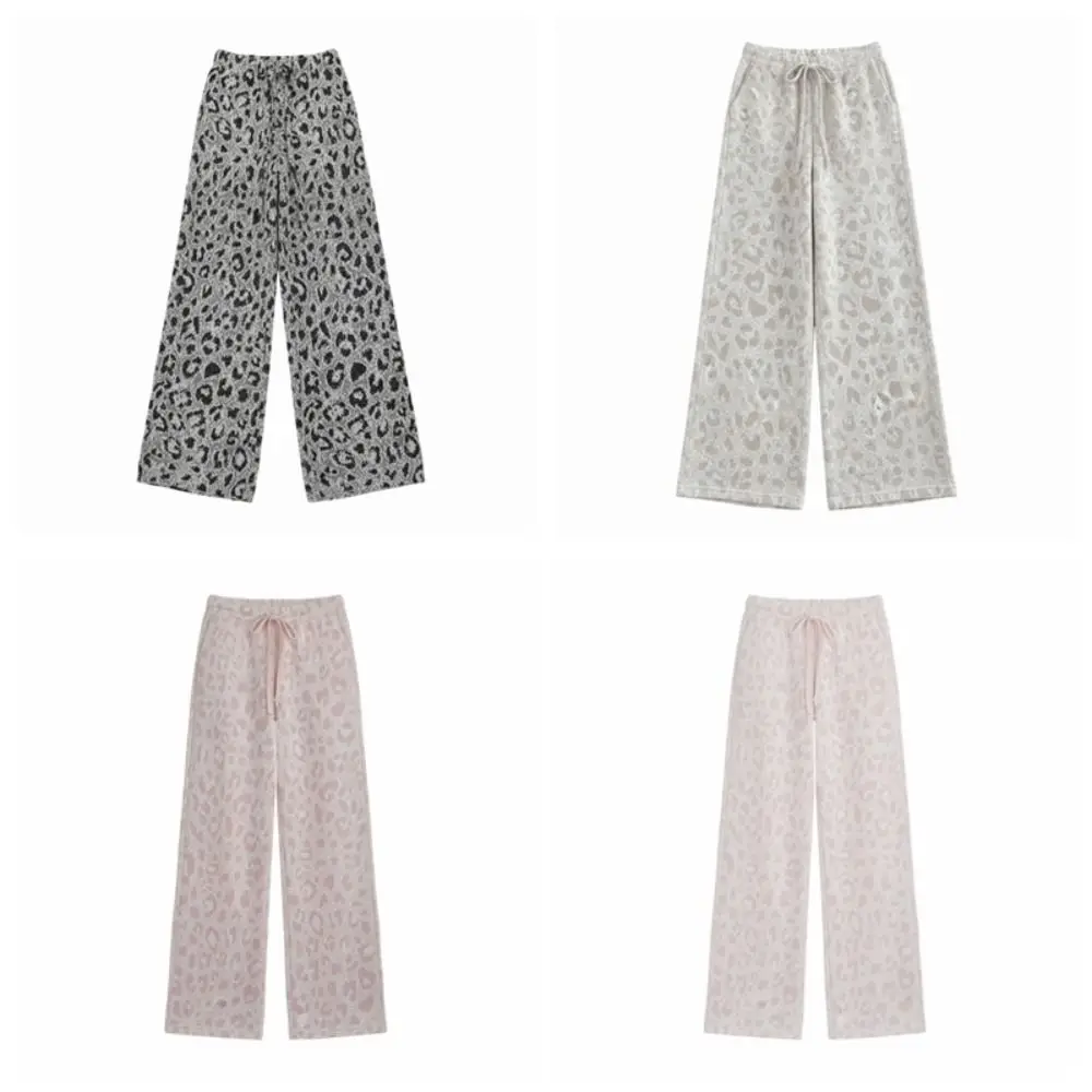 Fashion Plush Velvet Leopard Pants Thicken Warm Drawstring Wide Leg Pants Loose High Waist Casual Pants Women Female