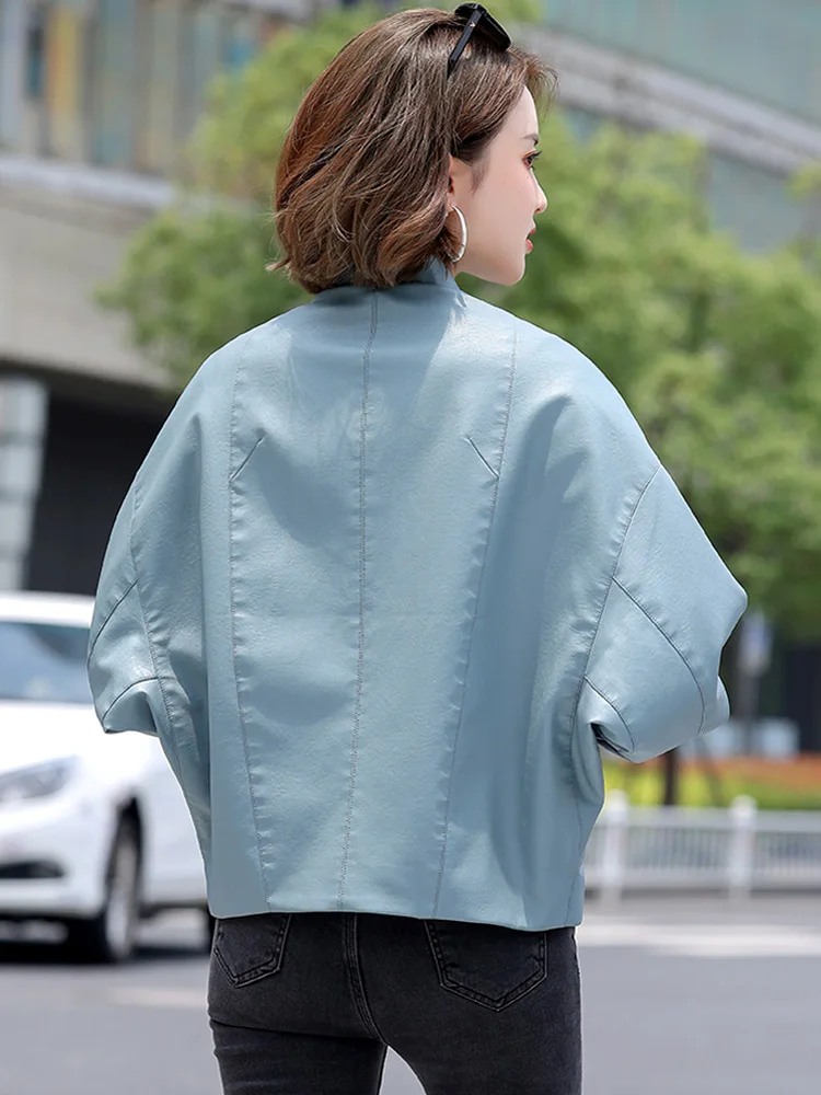 New Women Casual Leather Jacket Spring Autumn Fashion Batwing Sleeve Oversized Sheepskin Jacket Loose Split Leather Outerwear