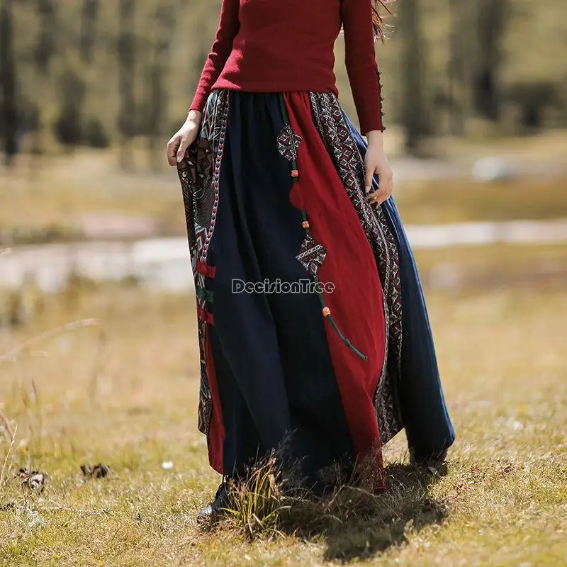 national style stitching design skirt holiday chinese cotton and linen elastic waist skirt spring and summer new g508