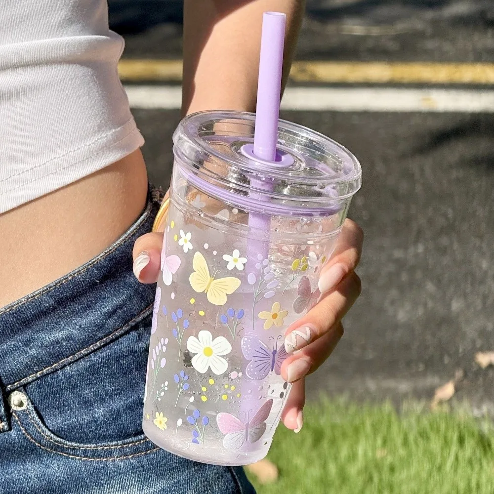 Portable 450ml Milk Tea Straw Cup Transparent Reusable High-value Coffee Cup Plastic Single Layer Drinking Cup Office