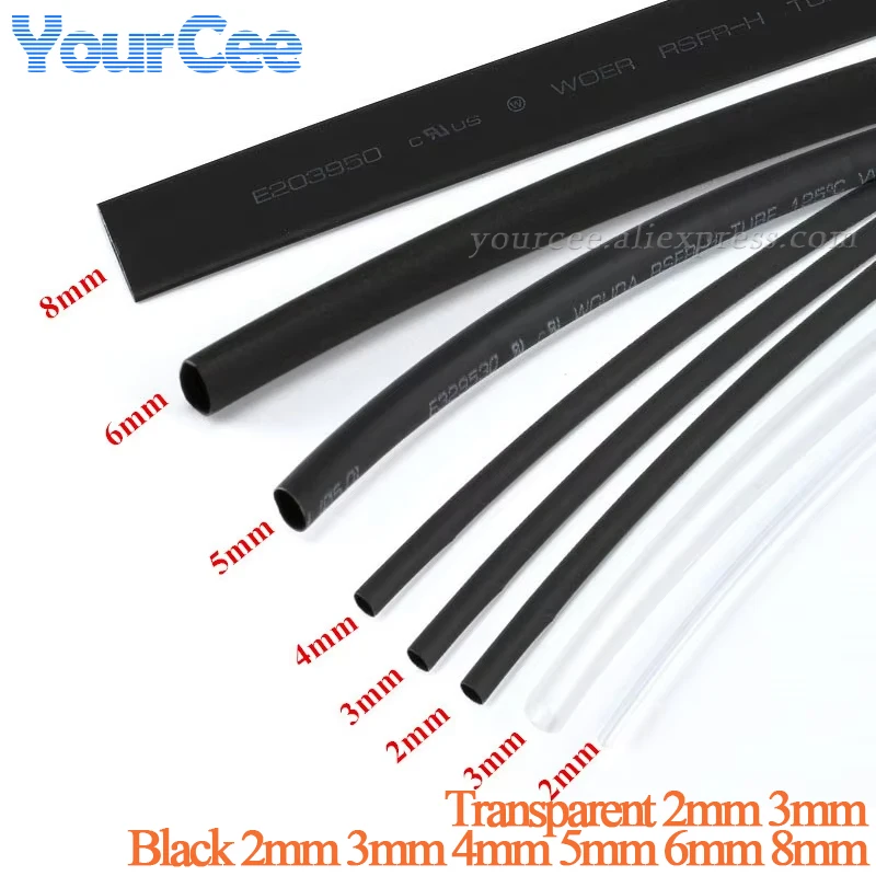Heat Shrink Tubing 1lot=8pcs Heatshrink Heat Shrink Tube Transparent + Black Insulation Sleeves Wire Wrap Cable Kit 6 Size 2mm/3MM/4MM/5MM/6MM/8MM