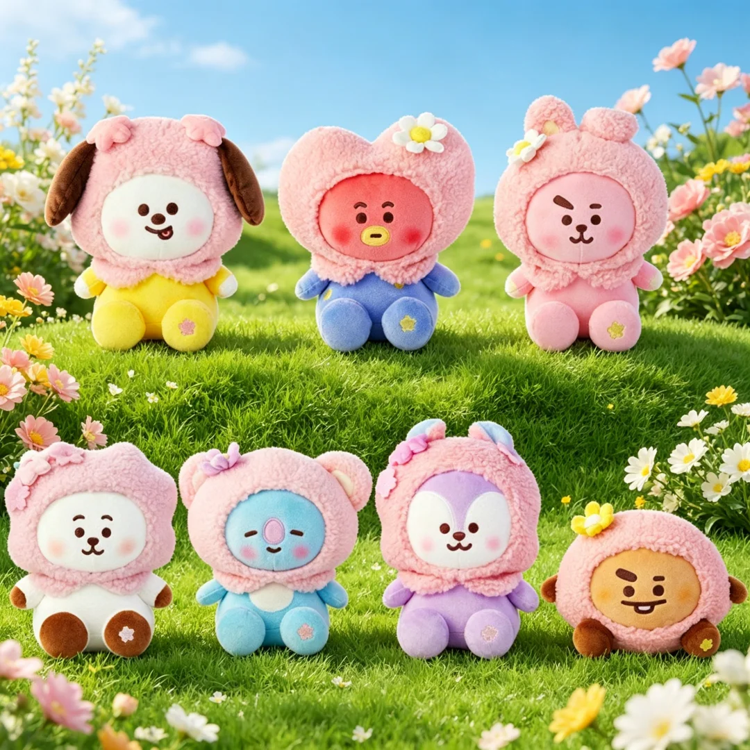 KPOP BT21 Kirschblüten-Serie Puppen-Schlüsselanhänger Niedlicher Cartoon-Spielzeuganhänger Rucksack-Handytaschen-Charm Deko für Fans Sammlerstück Geschenk