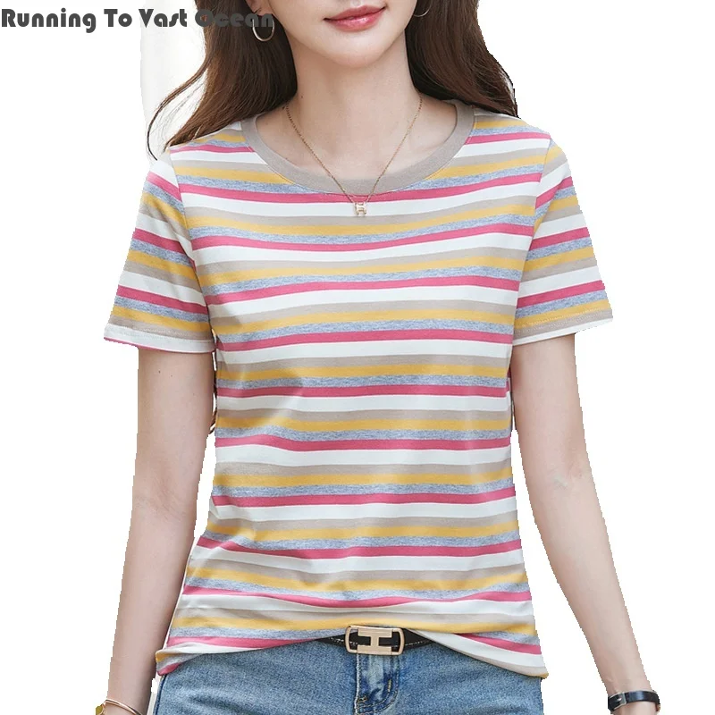 

2024 New Summer Striped Top T-shirt Small Stature Style Women's Casual Tailored Personality Trend Fresh and Sweet Pastoral Style