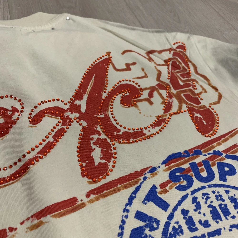 Auto-Buchstaben Strass Verzierte Gewaschene Baumwoll-T-Shirts für Männer und Frauen Harajuku Hip-Hop Lose Glänzende Diamant-Tees Übergroß – Detail 11