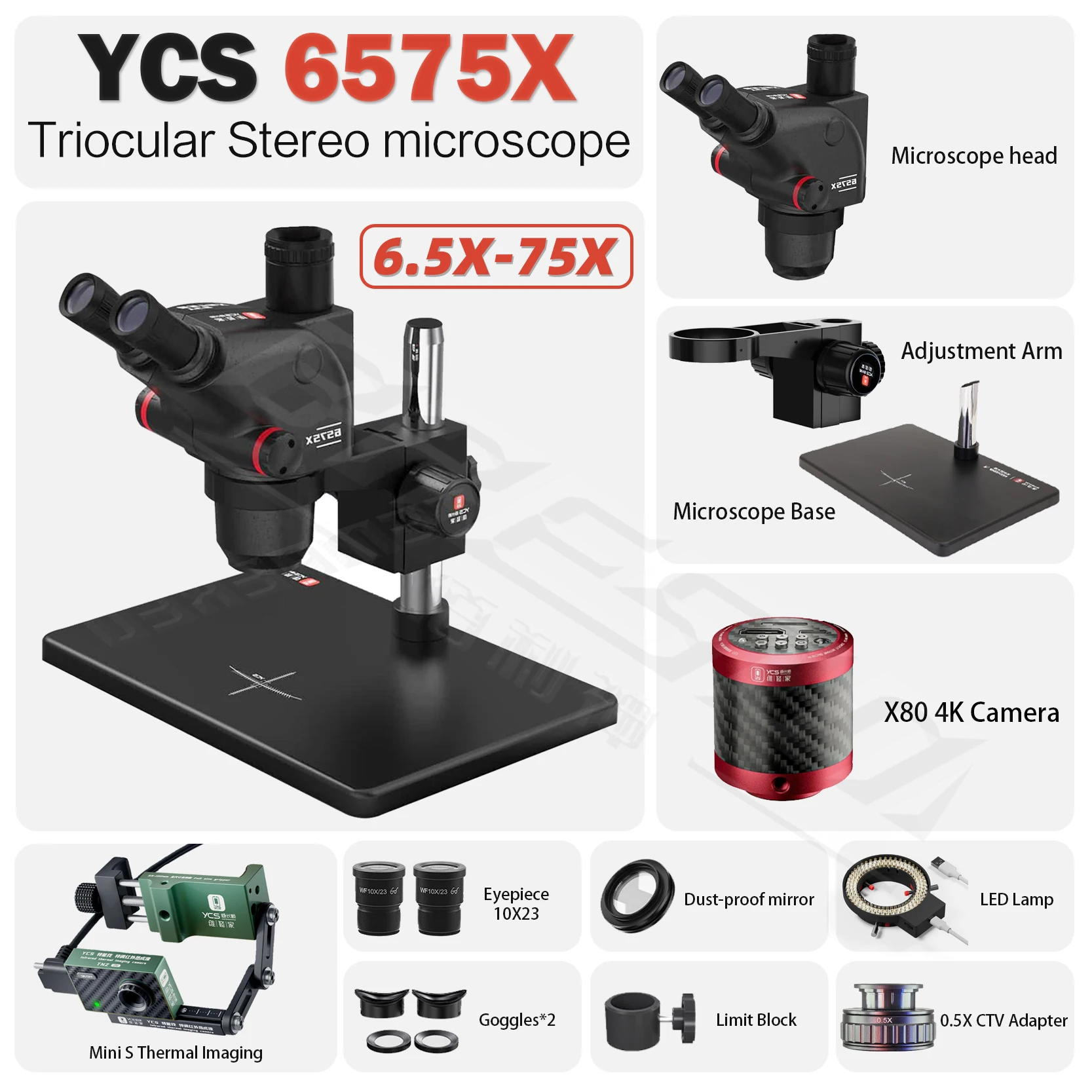 YCS 6575X 울트라 HD 삼안 현미경 (휴대폰 용 대형베이스 포함) PCB 용접 현미경 4K 카메라 144 LED 조명 도구 세트 키트