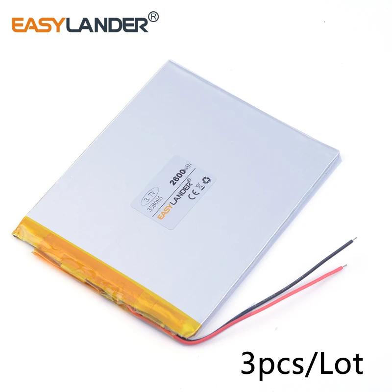 

3pcs /Lot 3.7v lithium Li ion polymer rechargeable battery 358085 3.7 V 2600mah Tablet pc MID IPAQ Power bank DIY