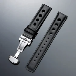 Vintage Genuine Leather Watchband with Butterfly Clasp - Fashionable 20mm Cowhide Strap - Black Buckle (Black)