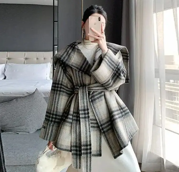 Korean Woolen Coat Belt Plaid Double-Sided Woolen Coat Women'S Casual Outerwear 2023 Autumn Winter