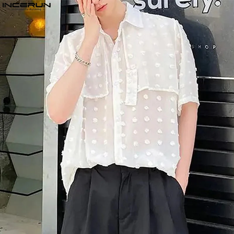 

INCERUN Tops 2023 Stylish Hot Sale Men See-through Fake Two-piece Shirts Handsome Male Printed Bubble Short Sleeved Blouse S-5XL