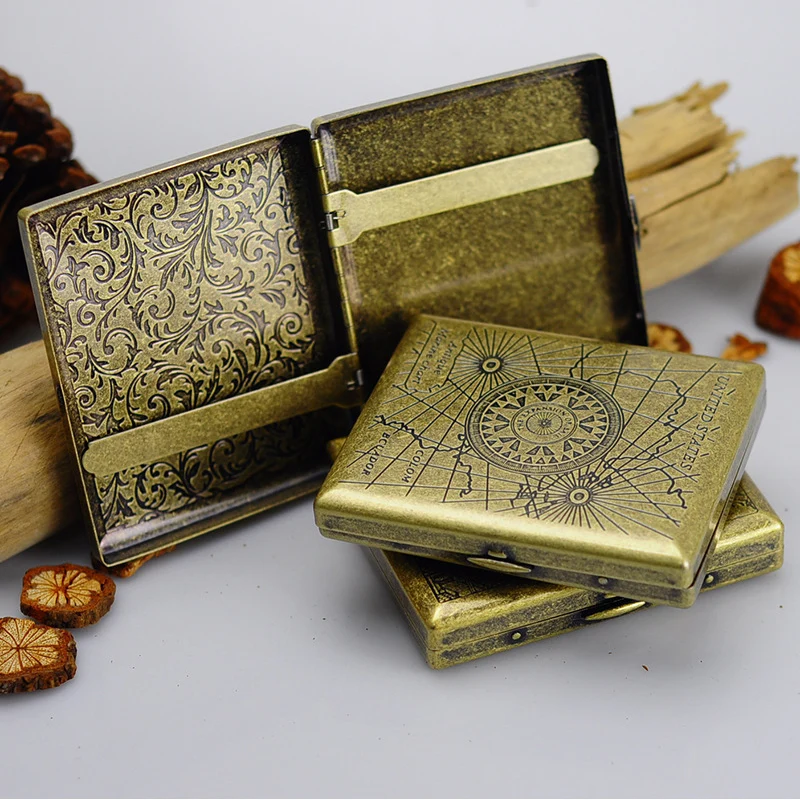 Vintage Metal Cigarette Case Box, Portátil 20 Cigarros Case
